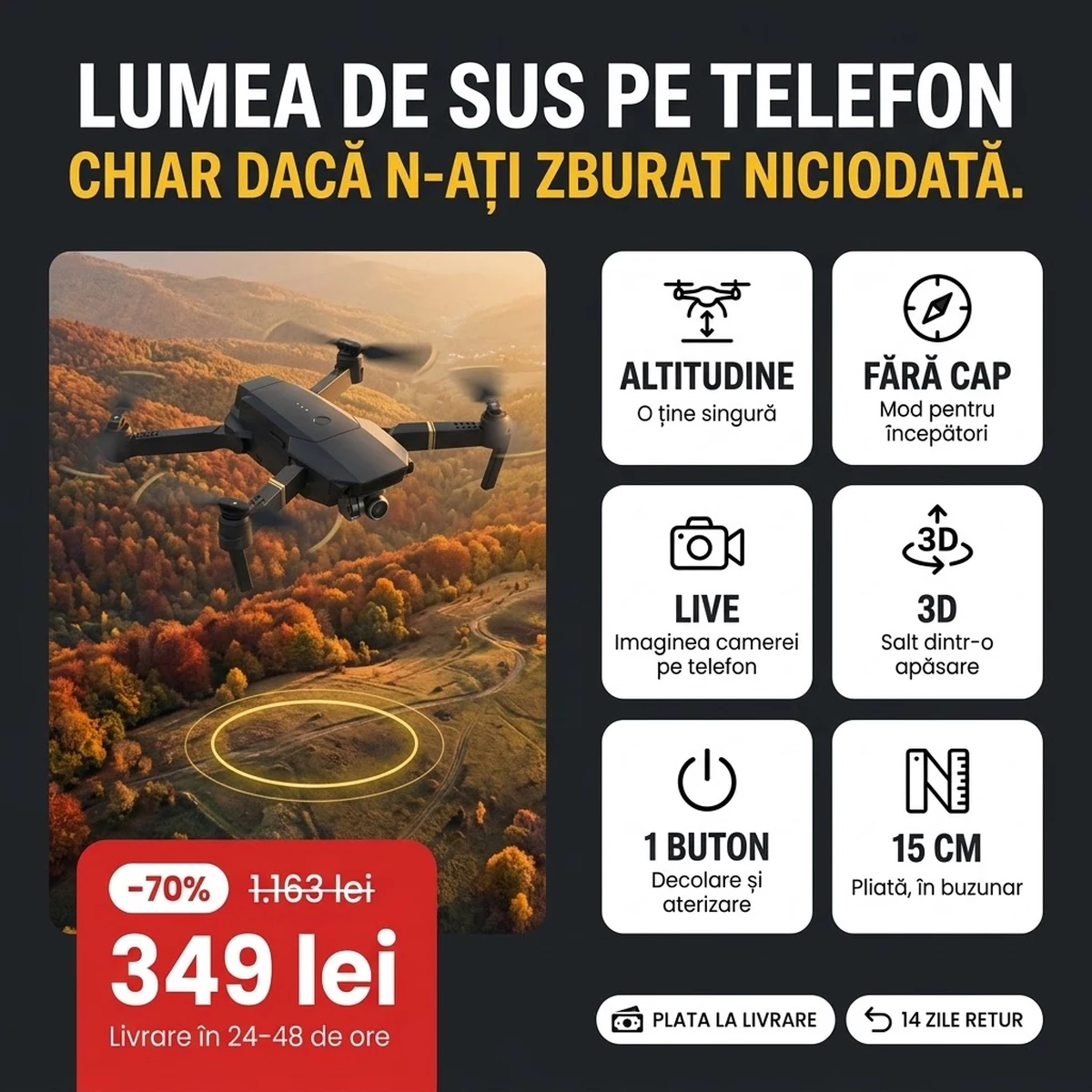 Dronă pliabilă PRO cu cameră și telecomandă, principalele funcții pe carduri