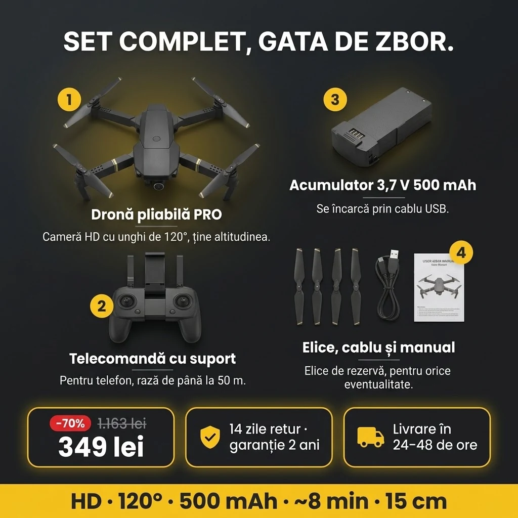 Oferta Dronă pliabilă PRO: dronă, telecomandă, acumulator și accesorii, plata la livrare