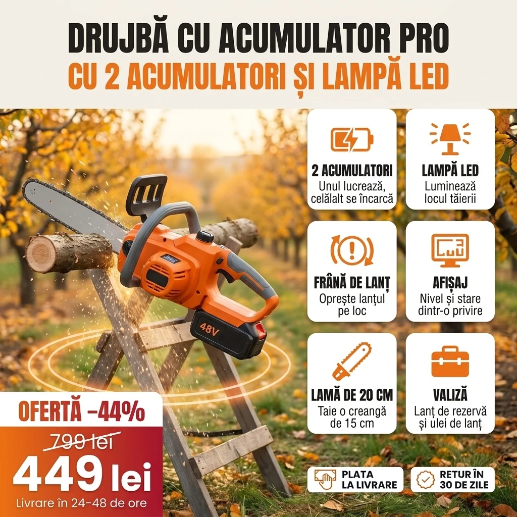 Drujbă cu acumulator PRO cu doi acumulatori, lampă LED și afișaj, cu principalele caracteristici pe carduri