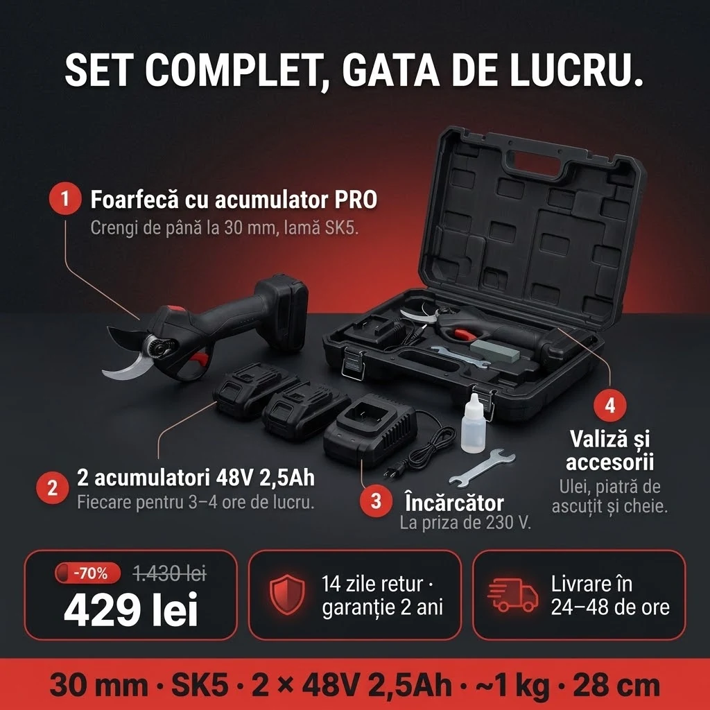 Oferta Foarfecă cu acumulator PRO: foarfecă, doi acumulatori, încărcător și valiză cu accesorii, plata la livrare
