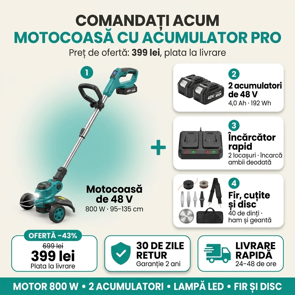 Oferta Motocoasă cu acumulator PRO: motocoasă de 48 V, doi acumulatori, încărcător, fir, cuțite și disc, 399 lei în loc de 699 lei, plata la livrare