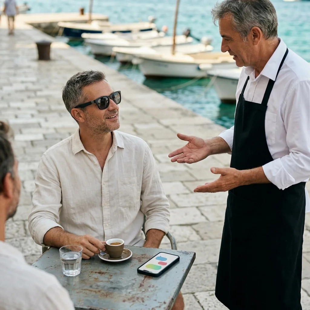 Bărbat cu ochelari smart vorbește cu chelnerul la o cafenea pe malul mării