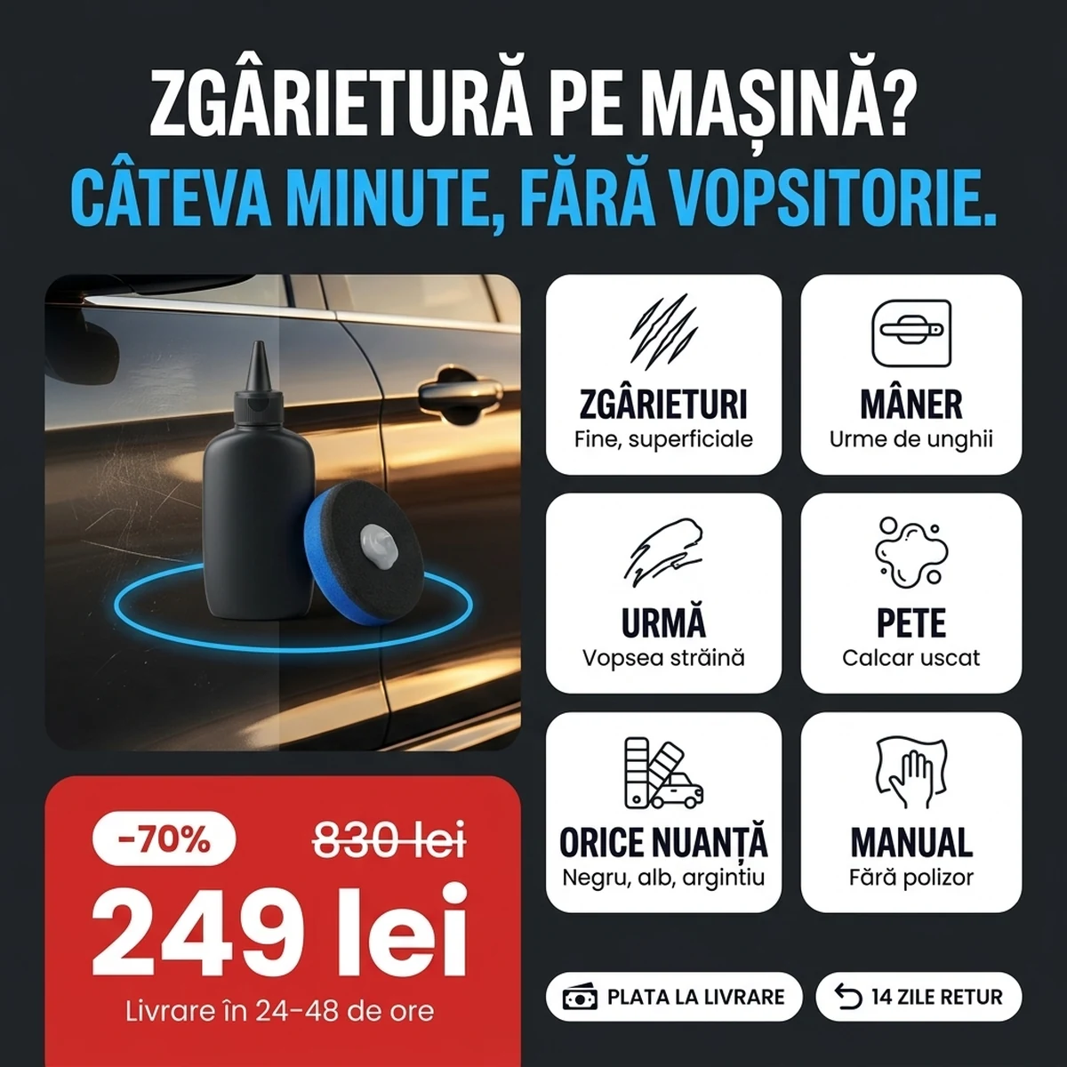 Flacon de pastă pentru zgârieturi cu burete, pe cardurile caracteristicilor principale