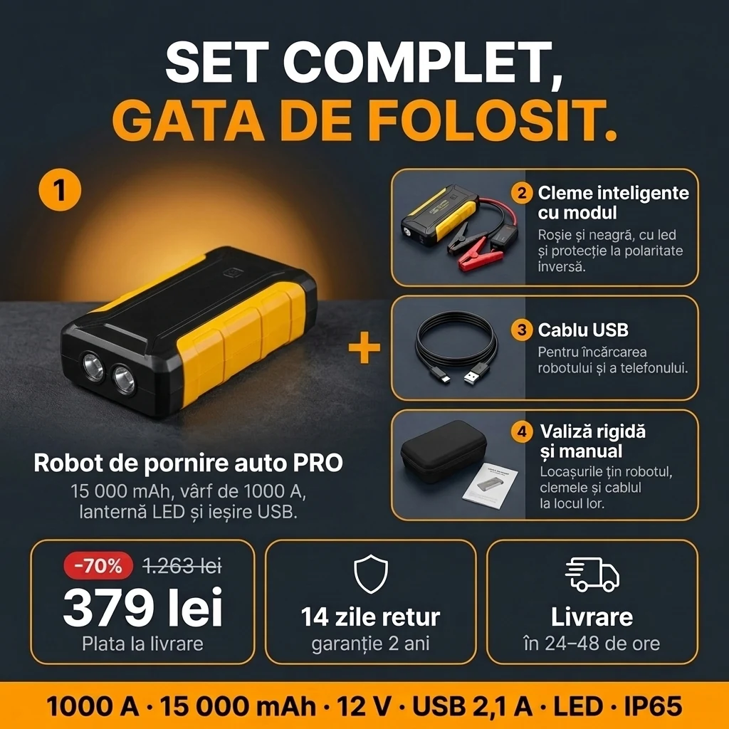 Oferta Robot de pornire auto PRO: robot, cleme inteligente, cablu USB și valiză, plata la livrare