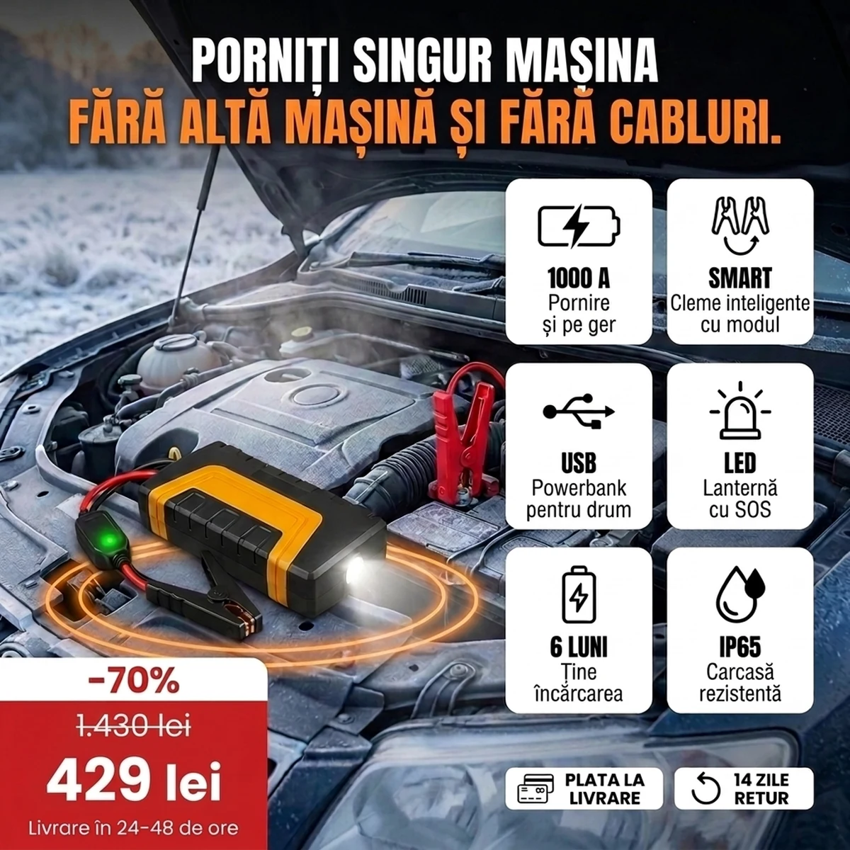 Robot de pornire auto PRO cu cleme, lanternă LED și valiză, principalele funcții pe carduri