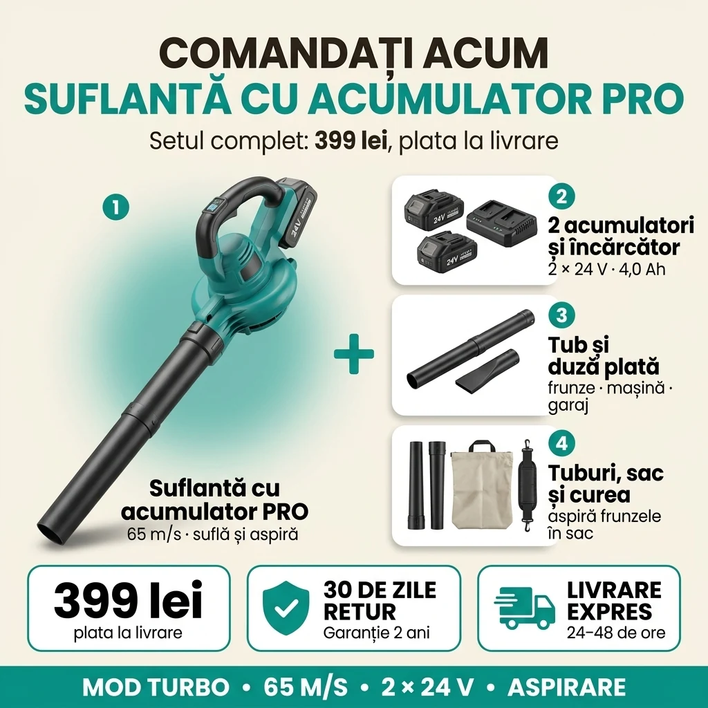 Oferta suflantei cu acumulator PRO: set de 8 piese cu doi acumulatori, 399 lei, plata la livrare