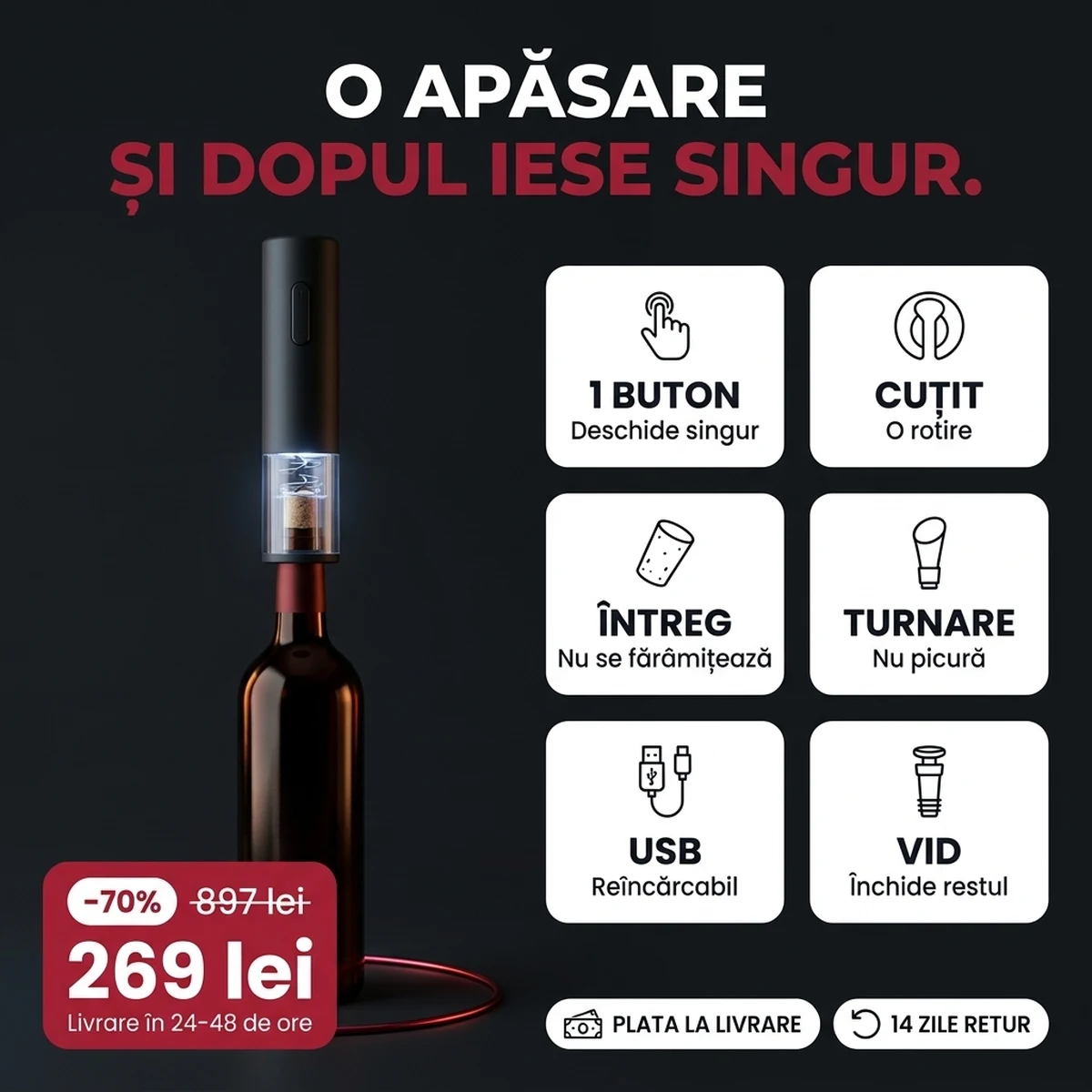Tirbușon electric negru în set: tirbușon, cuțit, dop de turnare, dop cu vid, pe cardurile caracteristicilor