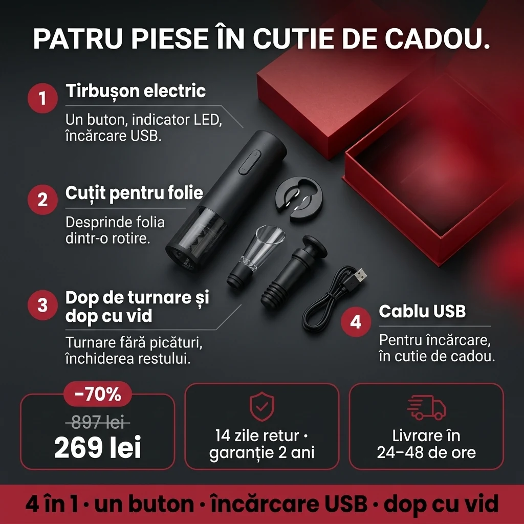 Tirbușon electric – ofertă: tirbușon electric în set 4 în 1, în cutie de cadou, 269 lei în loc de 897 lei, plata la livrare