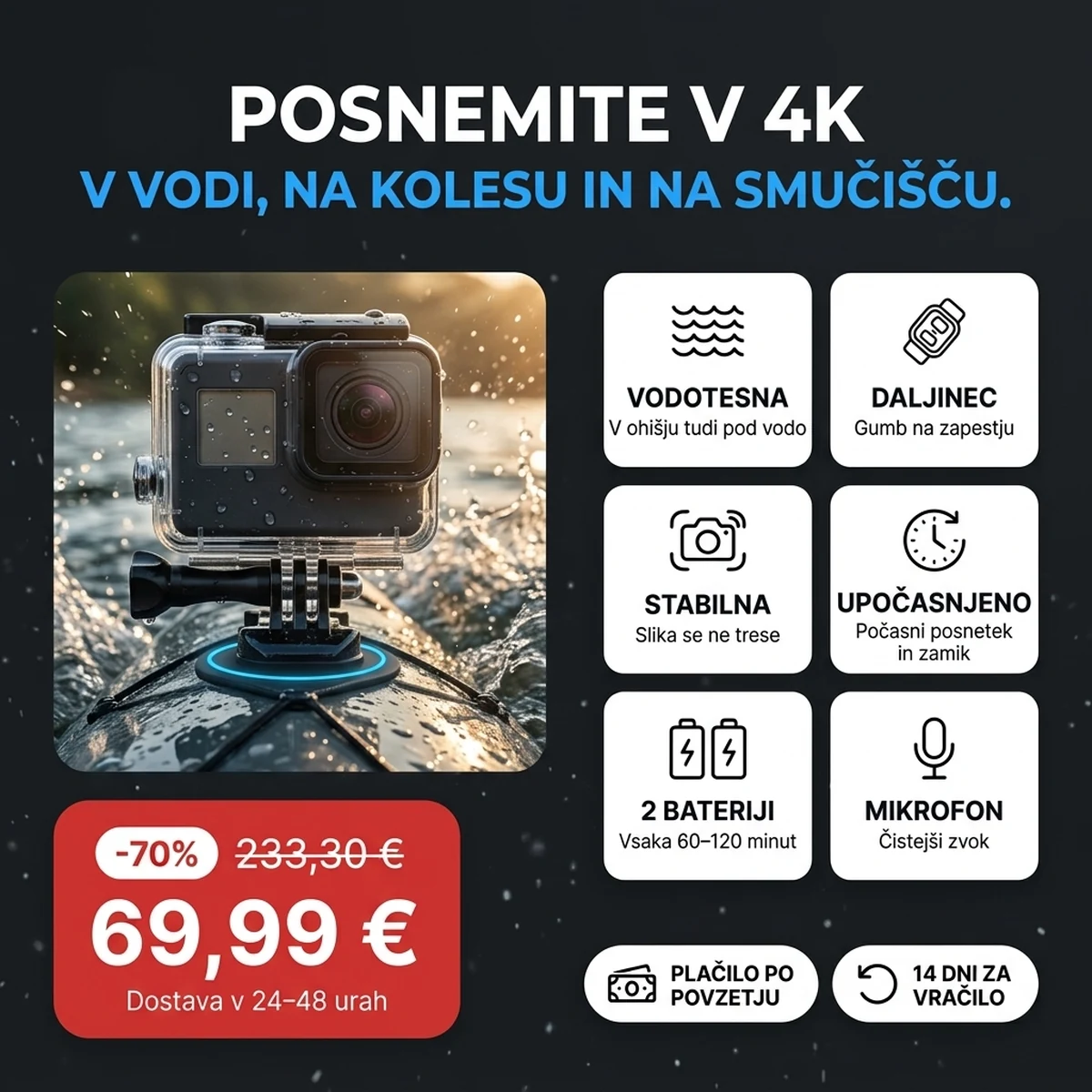 Akcijska kamera 4K v vodotesnem ohišju, na karticah glavnih lastnosti