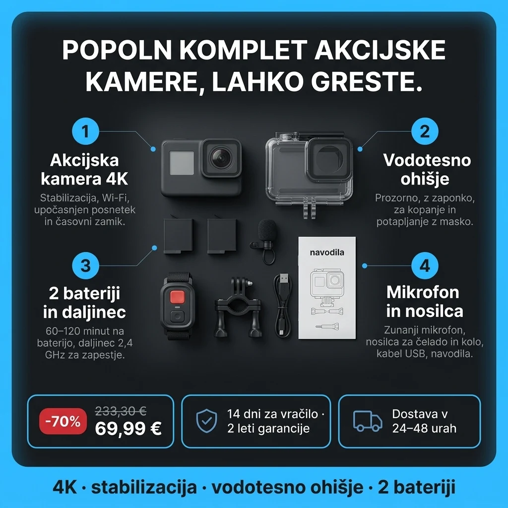 Akcijska kamera 4K – ponudba: akcijska kamera 4K, vodotesno ohišje, 2 bateriji, daljinec in nosilca, 69,99 € namesto 233,30 €, plačilo ob prevzemu