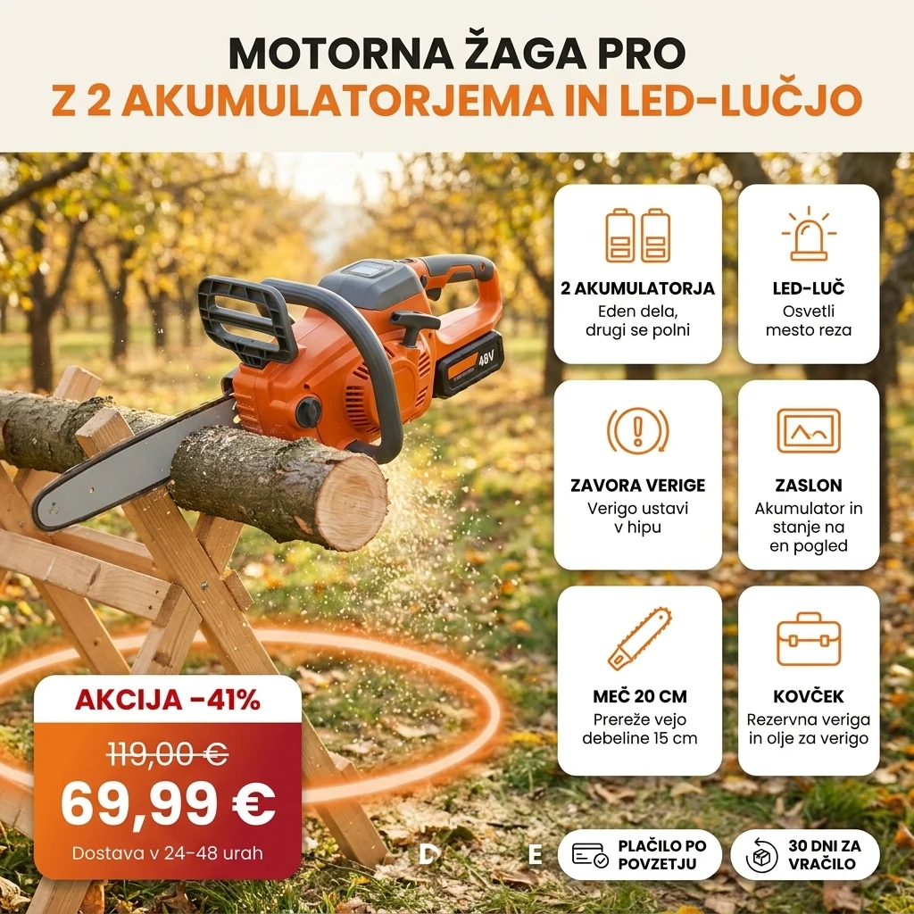 Akumulatorska motorna žaga PRO z dvema akumulatorjema, LED-lučjo in zaslonom, na karticah glavnih lastnosti