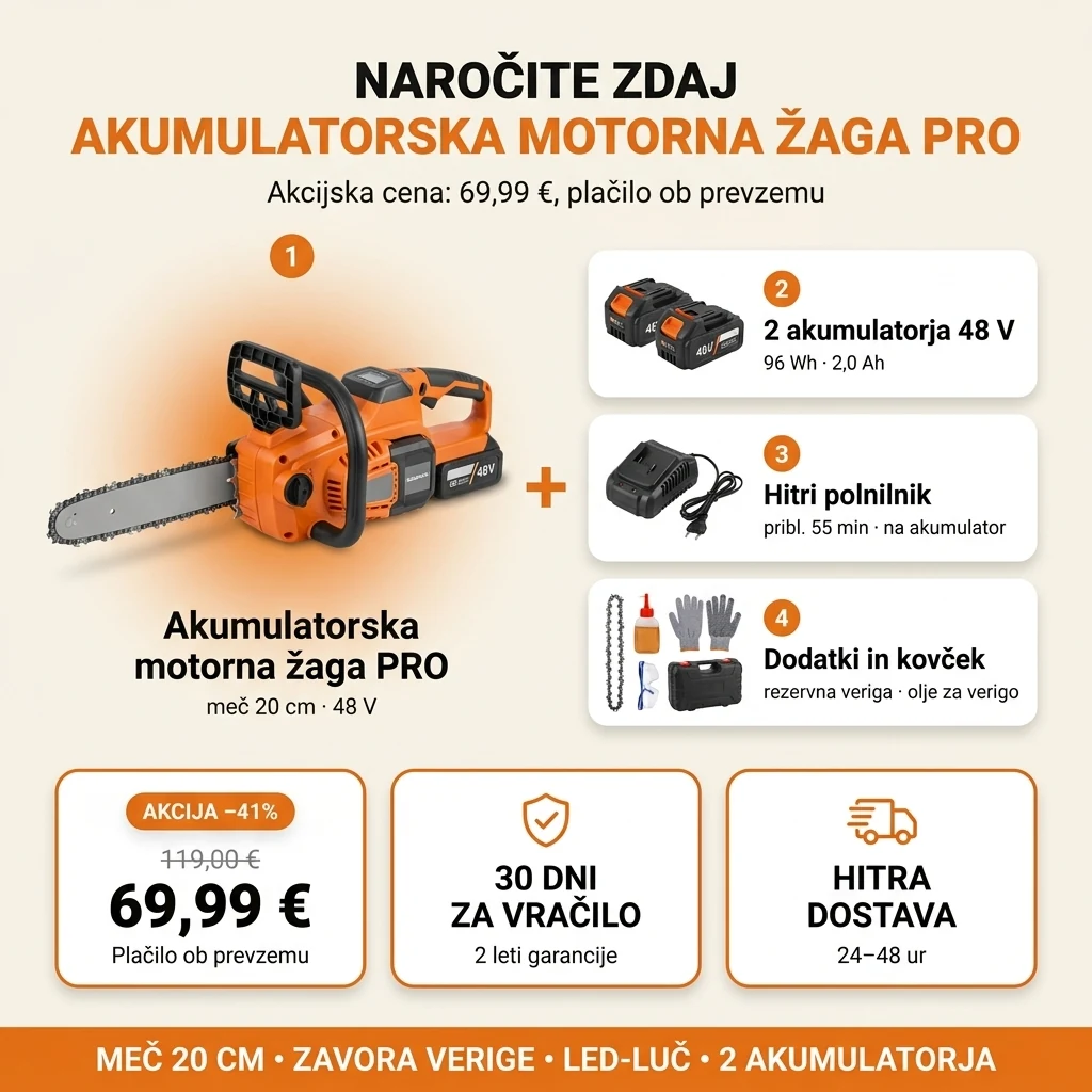 Ponudba za akumulatorsko motorno žago PRO: žaga, dva akumulatorja, hitri polnilnik, dodatki in kovček, plačilo ob prevzemu