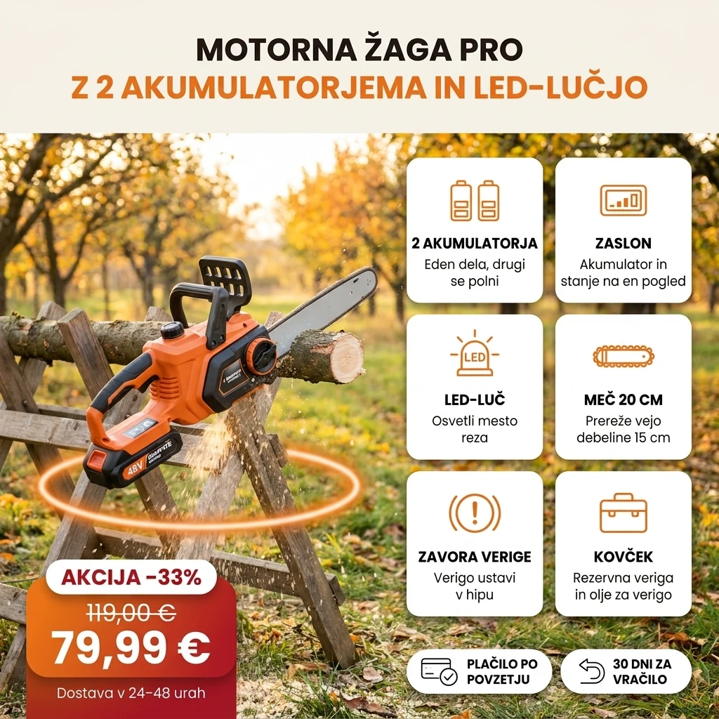 Akumulatorska motorna žaga PRO z dvema akumulatorjema, LED-lučjo in zaslonom, na karticah glavnih lastnosti