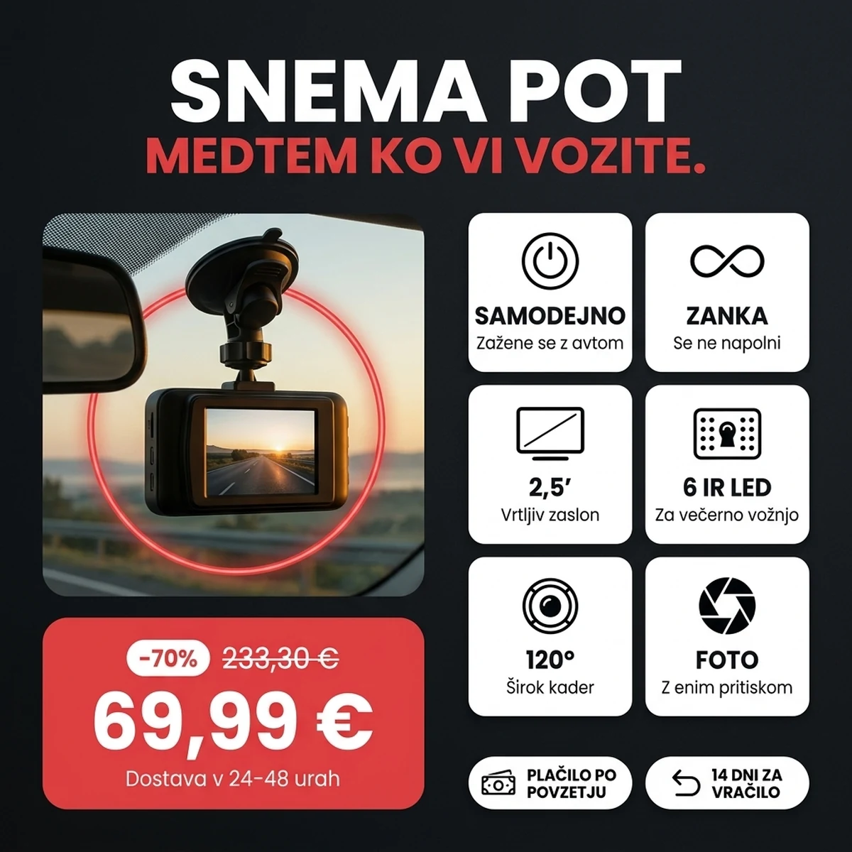 Črna avtomobilska kamera z odprtim zaslonom, na karticah glavnih lastnosti