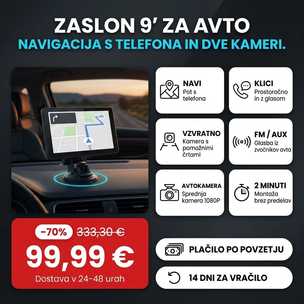Avtomobilski zaslon PRO na armaturi, ob njem vzvratna kamera, na karticah glavnih lastnosti