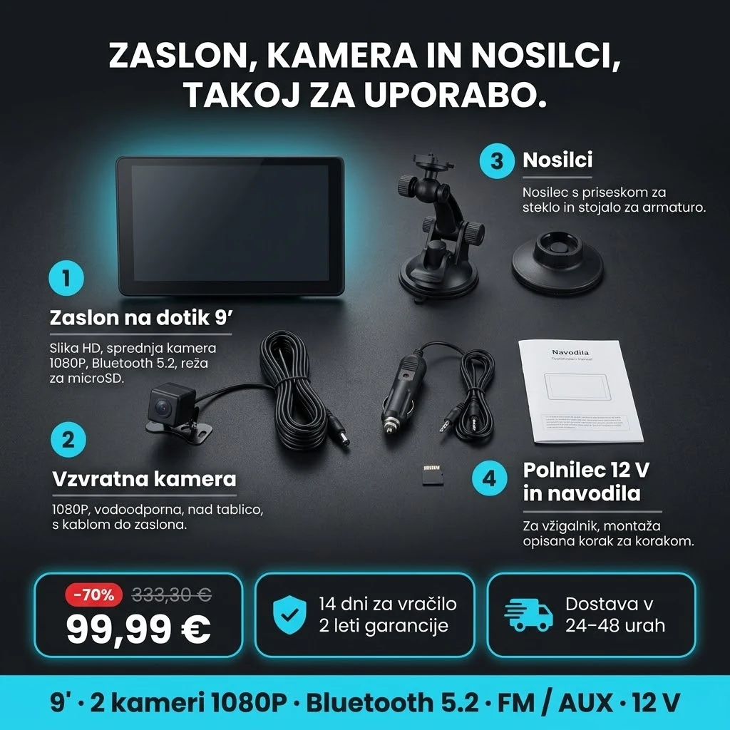 Avtomobilski zaslon PRO – ponudba: zaslon 9", vzvratna kamera, nosilci in polnilec 12 V, 99,99 € namesto 333,30 €, plačilo ob prevzemu