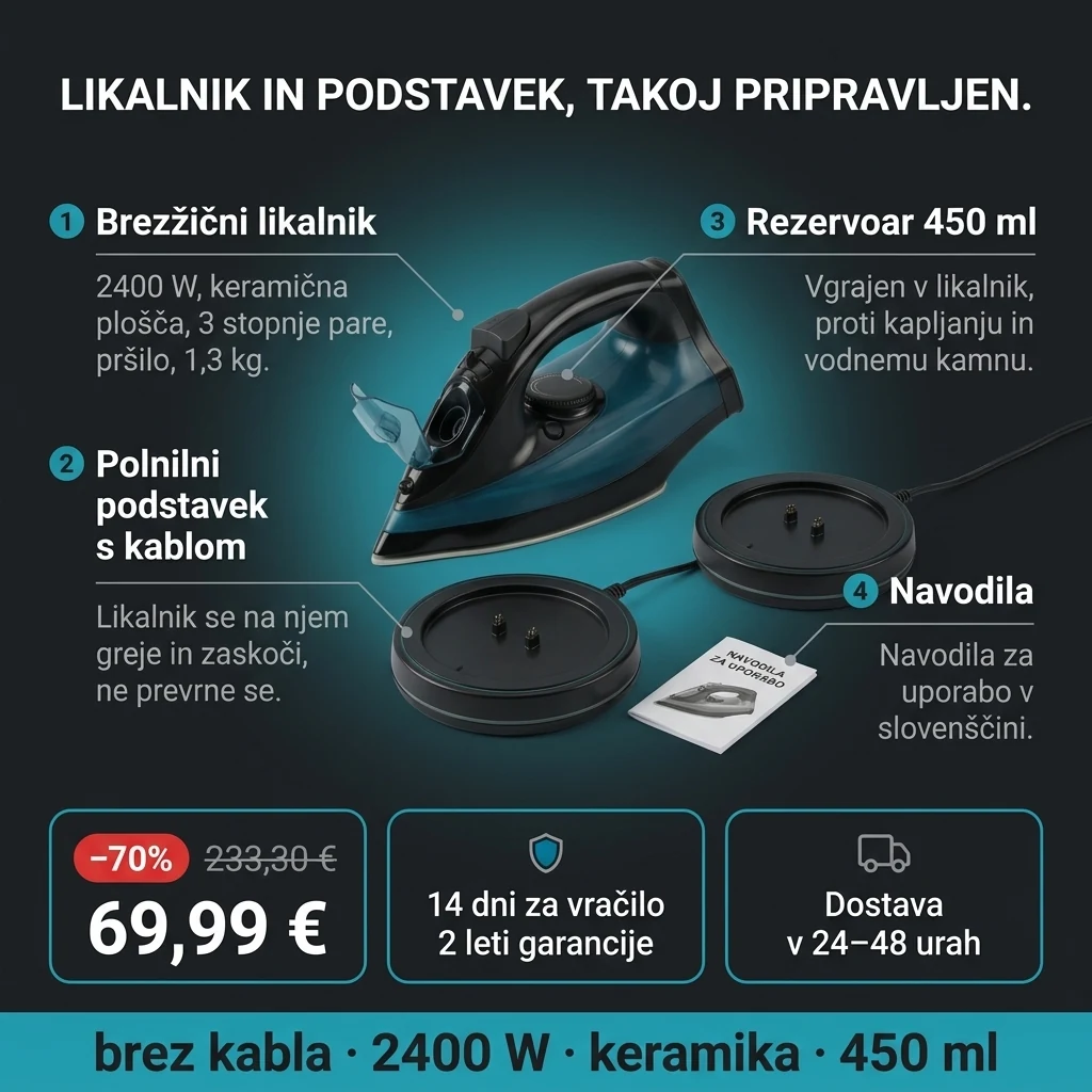 Brezžični likalnik – ponudba: brezžični likalnik s keramično ploščo in polnilni podstavek, 69,99 € namesto 233,30 €, plačilo ob prevzemu