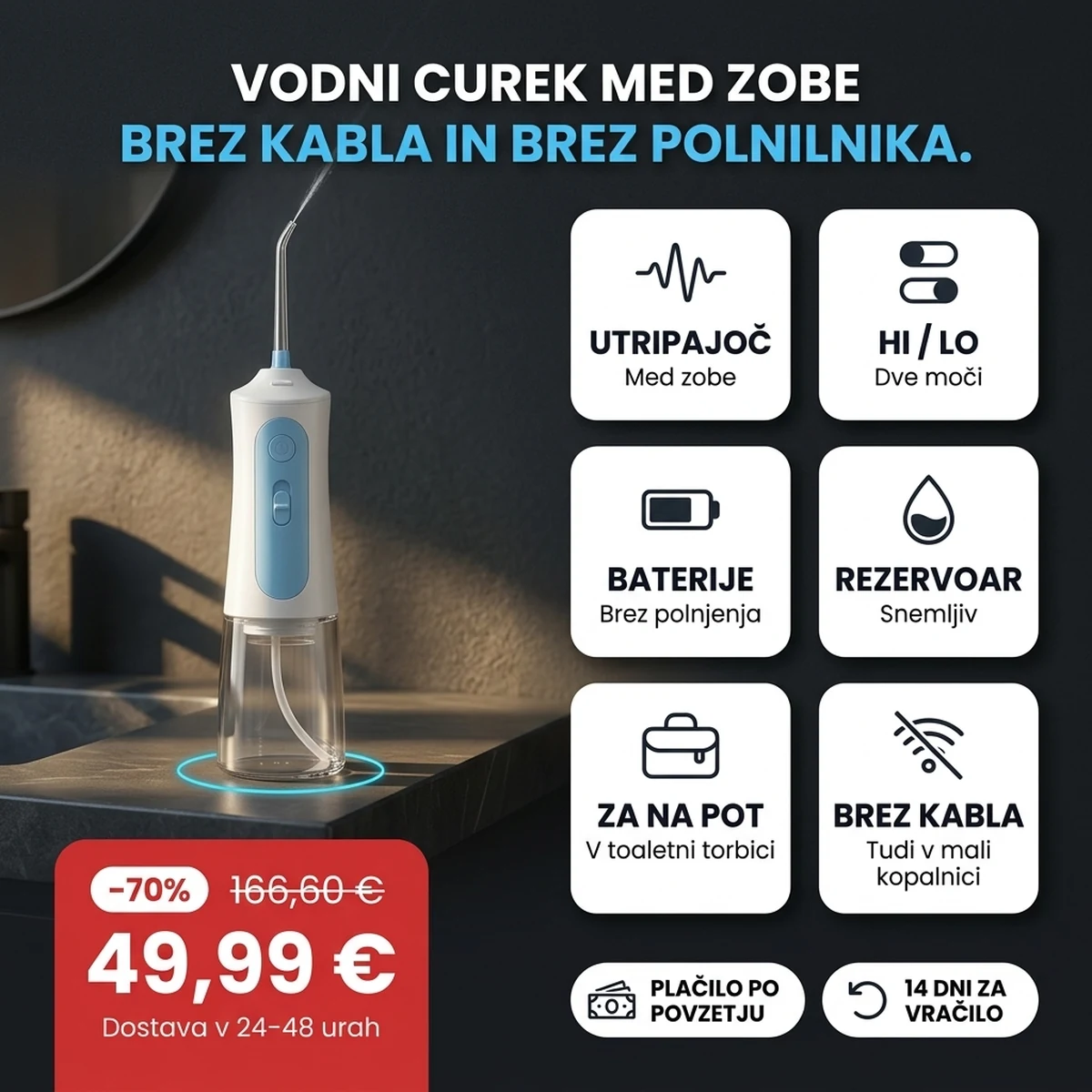 Belo-moder brezžični ustni tuš s curkom, na karticah glavnih lastnosti
