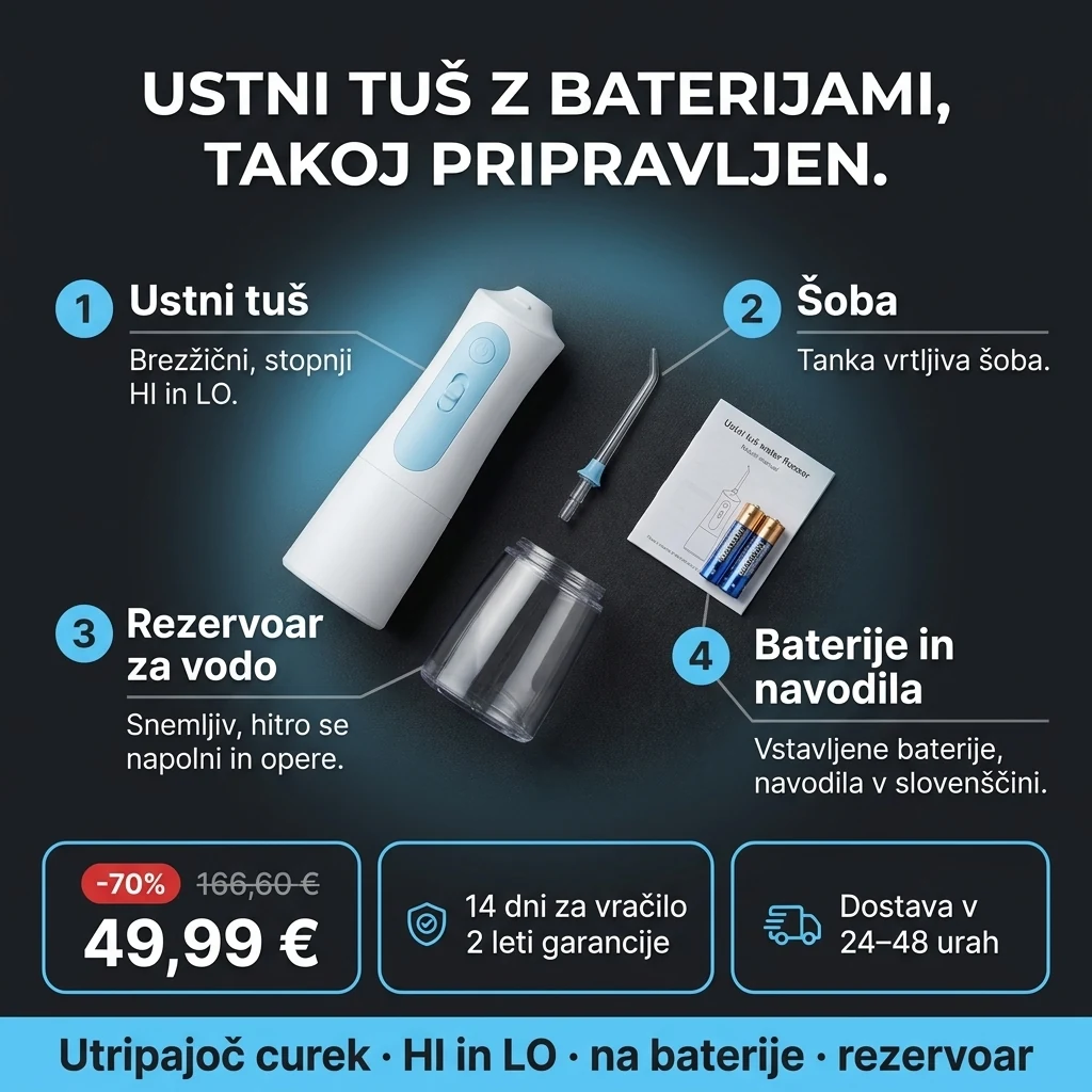 Brezžični ustni tuš – ponudba: brezžični ustni tuš na baterije s snemljivim rezervoarjem, 49,99 € namesto 166,60 €, plačilo ob prevzemu