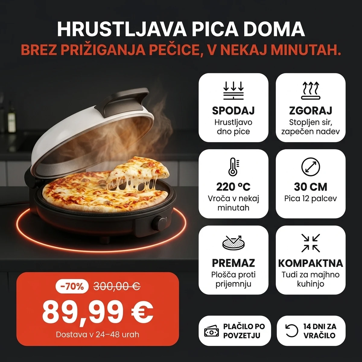 Električna peč za pico z odprto kupolo in pico, na karticah glavnih lastnosti