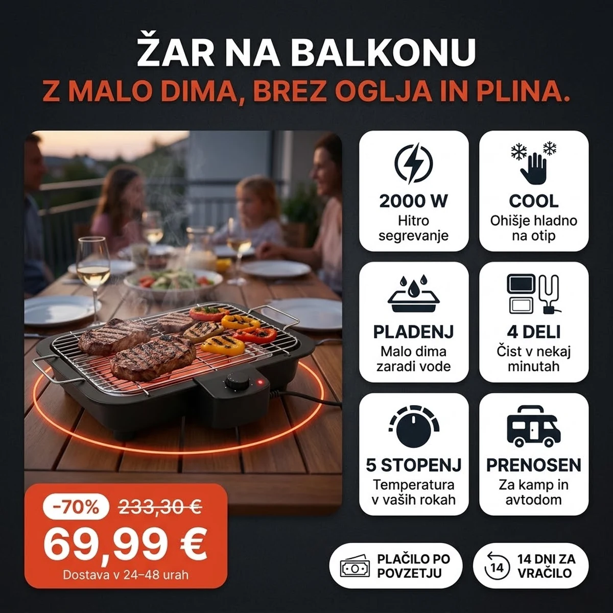 Električni namizni žar PRO s kromirano rešetko in snemljivim termostatom, na karticah glavnih lastnosti