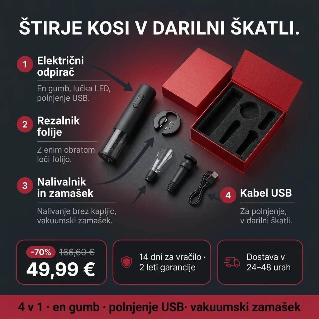 Električni odpirač za vino – ponudba: električni odpirač za vino v kompletu 4 v 1, v darilni škatli, 49,99 € namesto 166,60 €, plačilo ob prevzemu