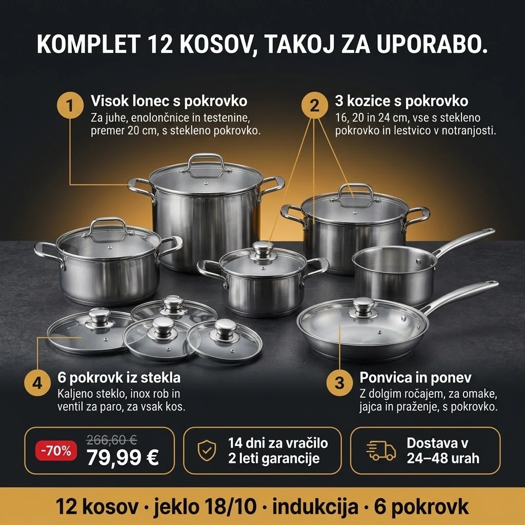 Komplet posode 12 kosov – ponudba: visok lonec, tri kozice, ponvica, ponev in šest steklenih pokrovk, 79,99 € namesto 266,60 €, plačilo ob prevzemu