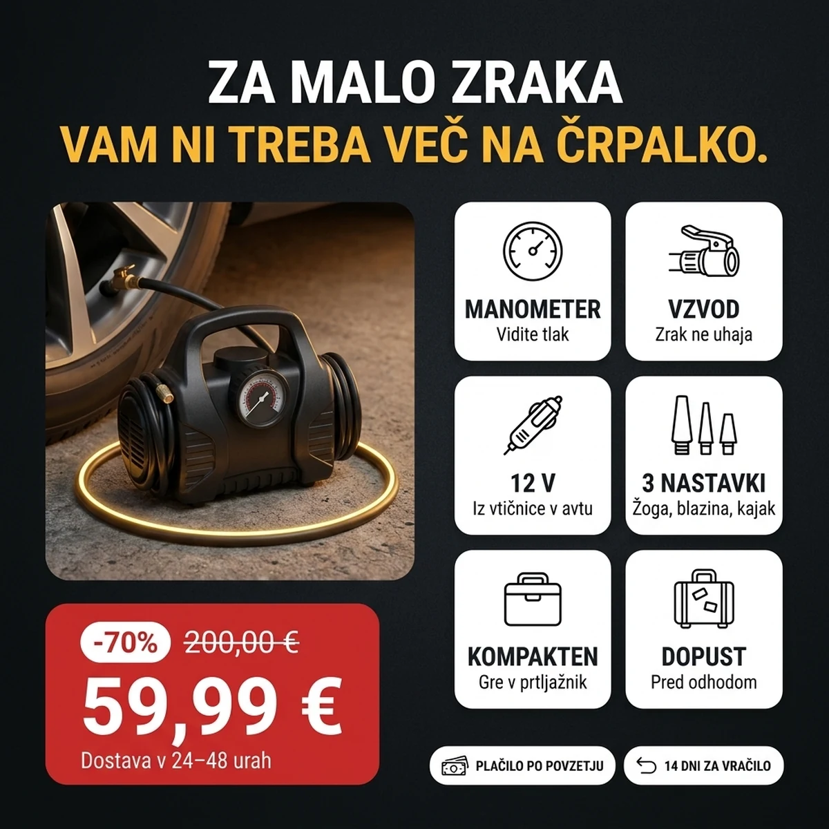 Črn kompresor za avto z manometrom in nastavki, na karticah glavnih lastnosti