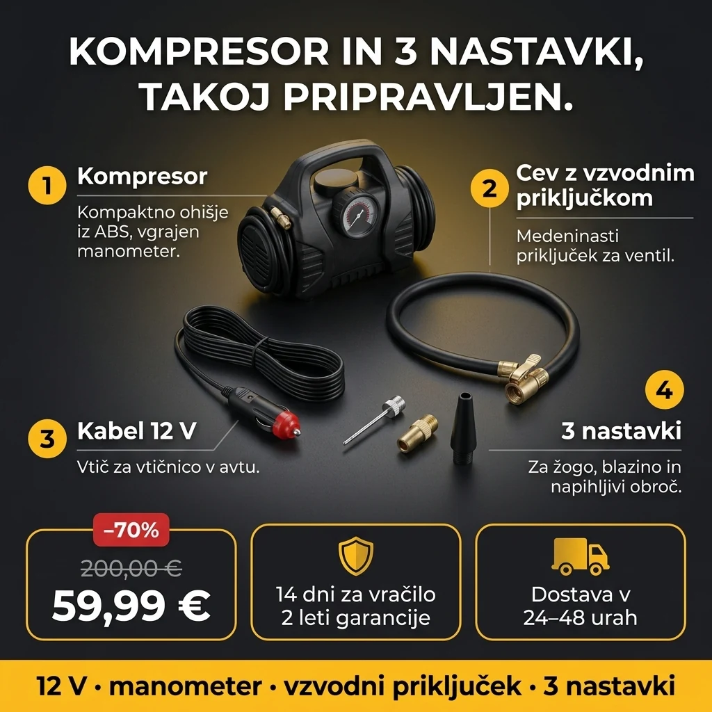 Kompresor za avto 12 V – ponudba: kompresor za avto 12 V z manometrom in 3 nastavki, 59,99 € namesto 200,00 €, plačilo ob prevzemu