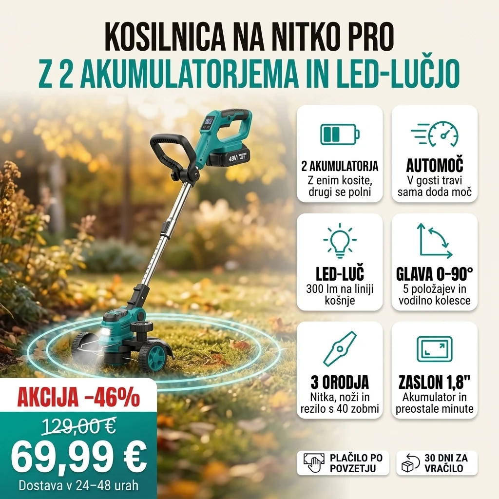 Kosilnica na nitko PRO z dvema akumulatorjema in LED-lučjo, na karticah glavnih lastnosti