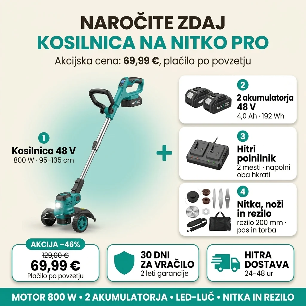 Ponudba za kosilnico na nitko PRO: kosilnica 48 V, dva akumulatorja, polnilnik, nitka, noži in rezilo, 69,99 € namesto 129,00 €, plačilo po povzetju