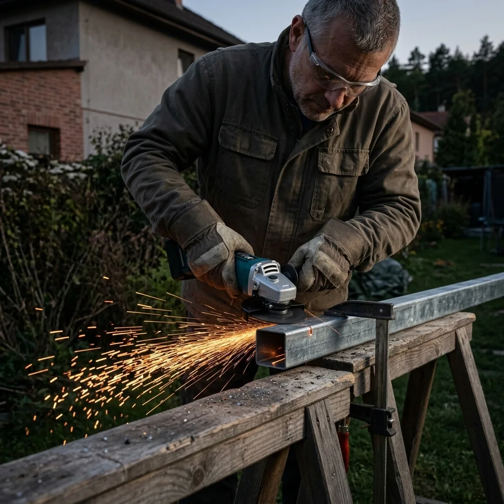Kotni brusilnik PRO reže jekleni profil na kozah na dvorišču, iskre letijo navzdol