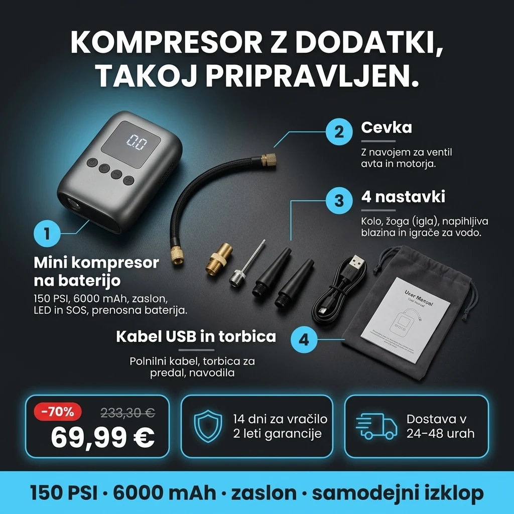 Mini kompresor na baterijo – ponudba: mini kompresor na baterijo z zaslonom, cevka in 4 nastavki, 69,99 € namesto 233,30 €, plačilo ob prevzemu