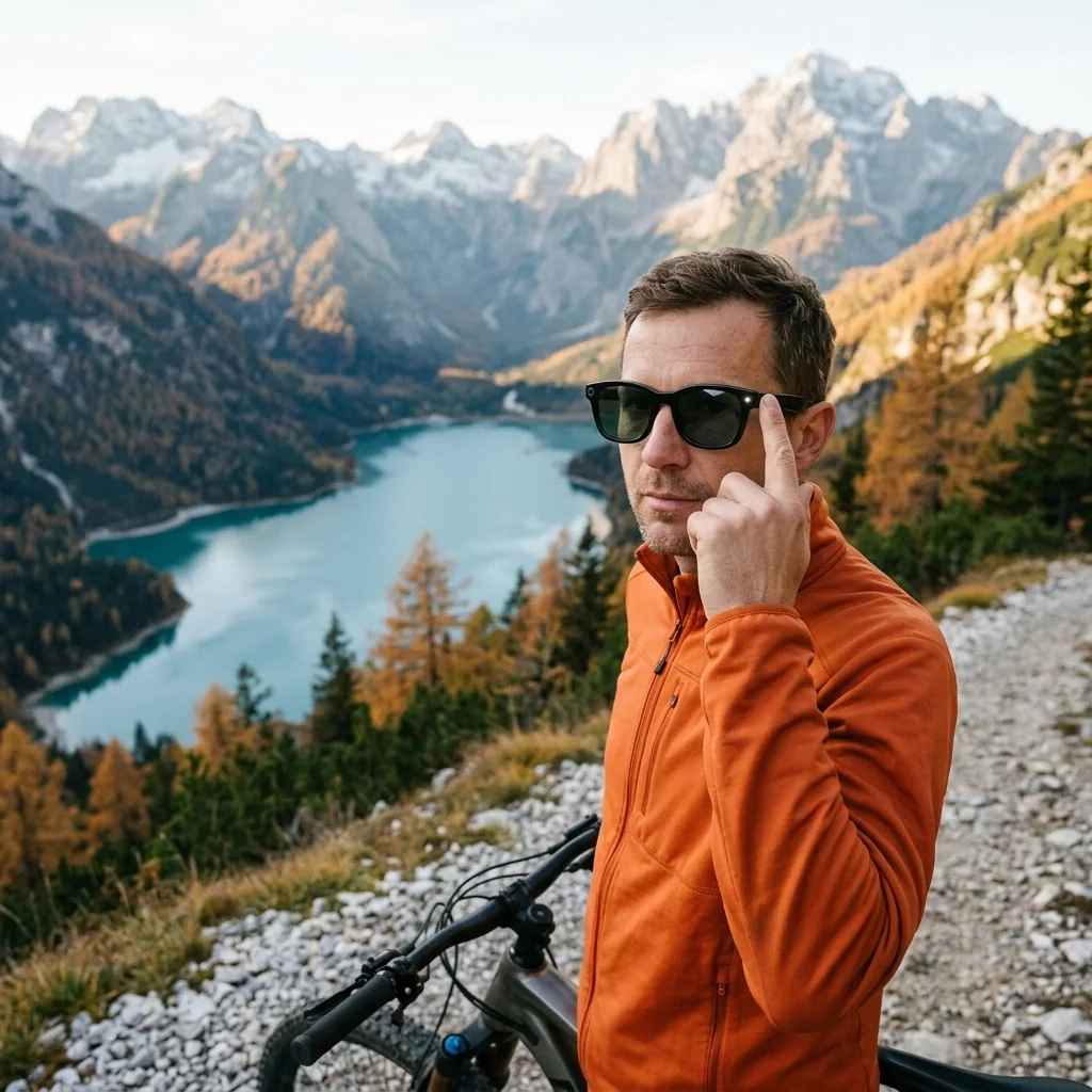 Kolesar z očali s kamero na razgledišču nad alpskim jezerom pritisne gumb na ročki