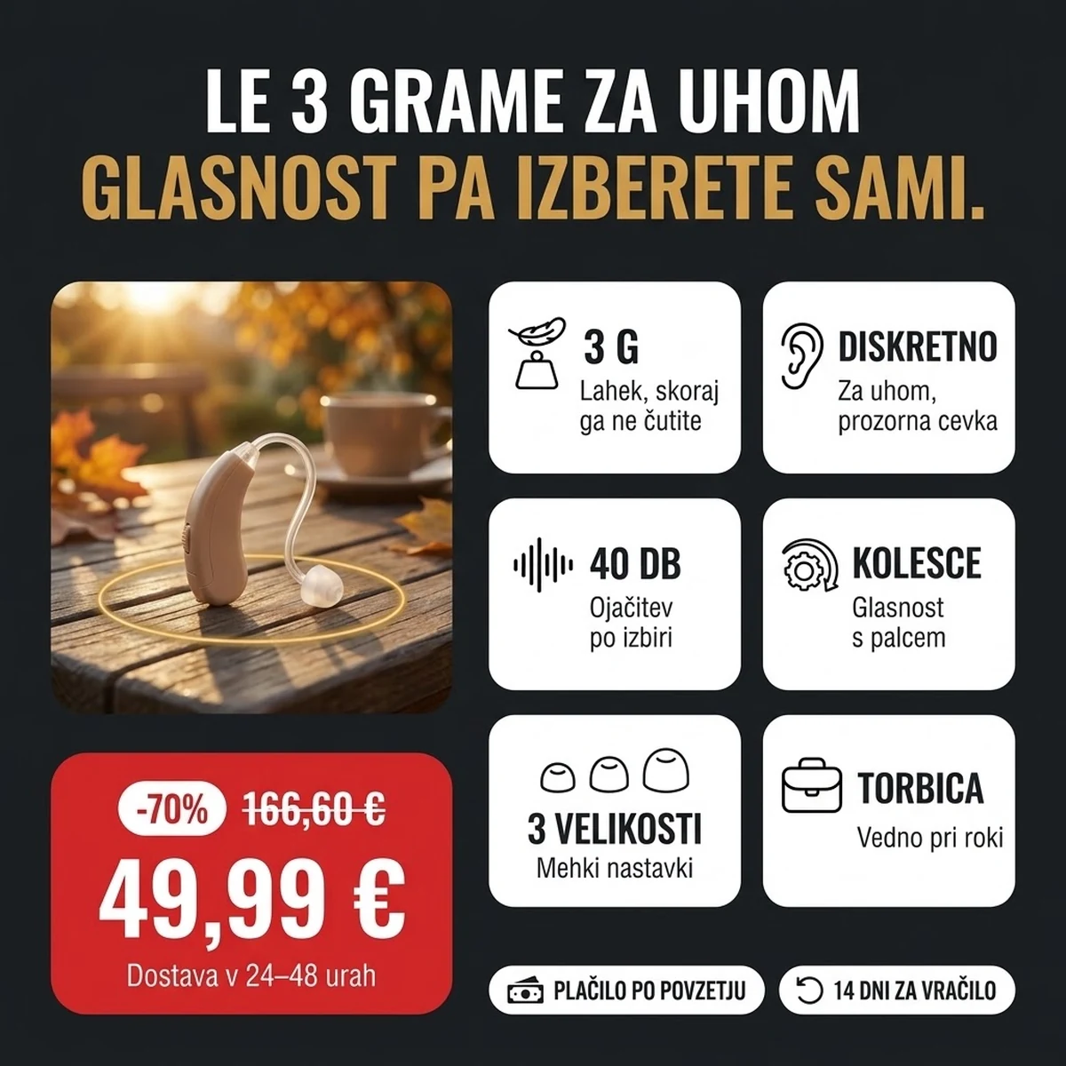 Osebni ojačevalnik zvoka PRO bež barve s prozorno cevko, glavne lastnosti na karticah
