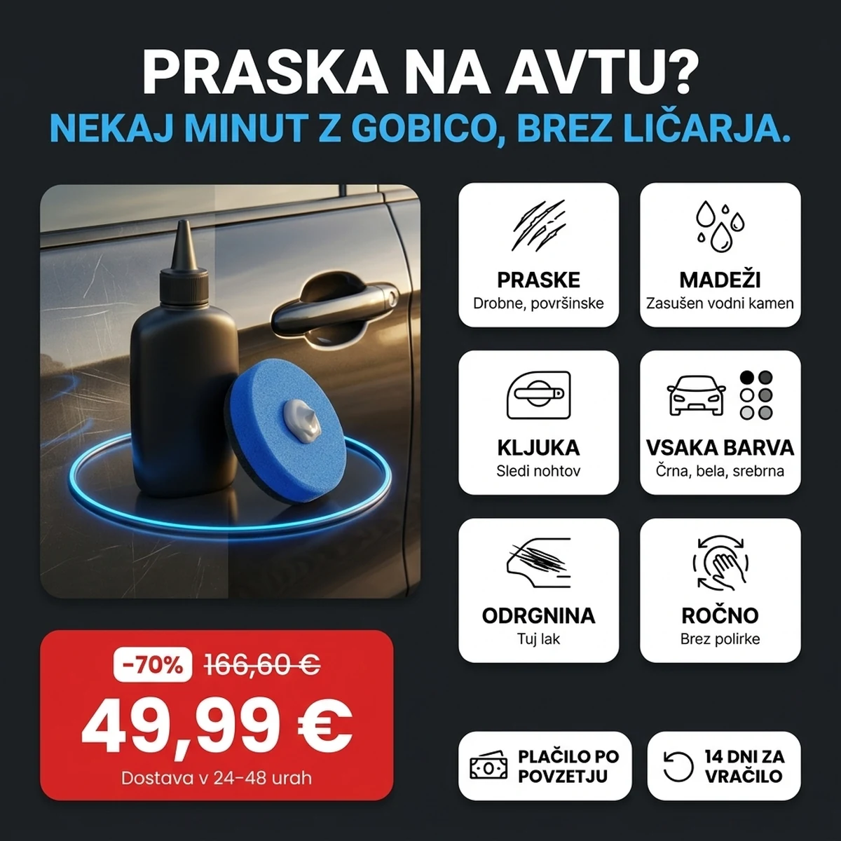 Steklenička paste za praske z gobico, na karticah glavnih lastnosti