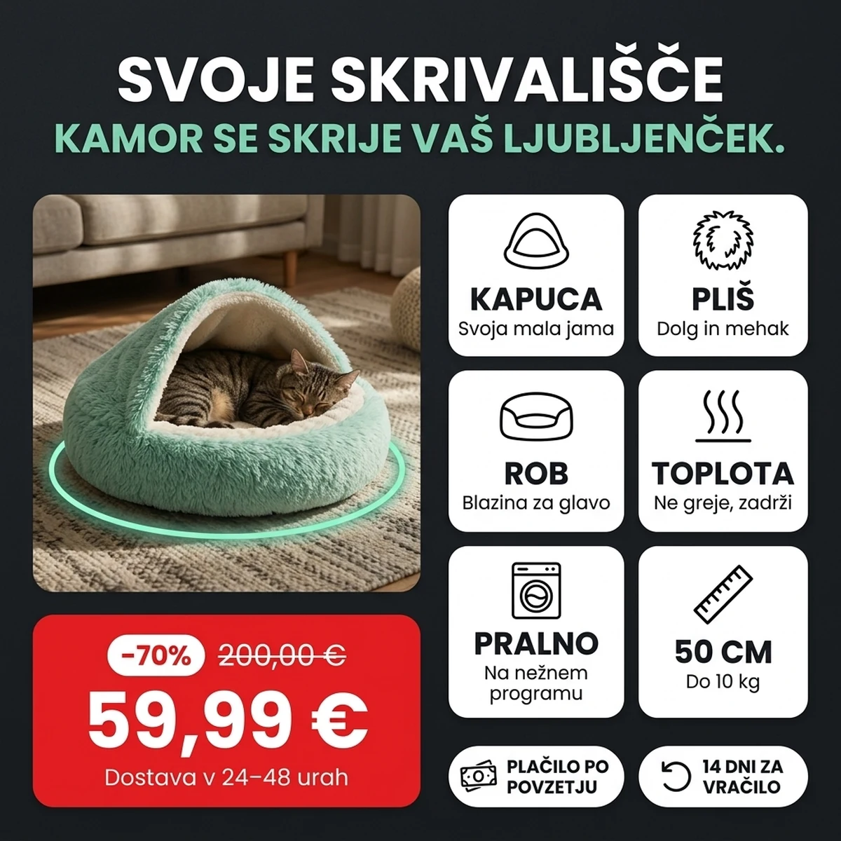 Metino zeleno plišasto ležišče s kapuco, na karticah glavnih lastnosti