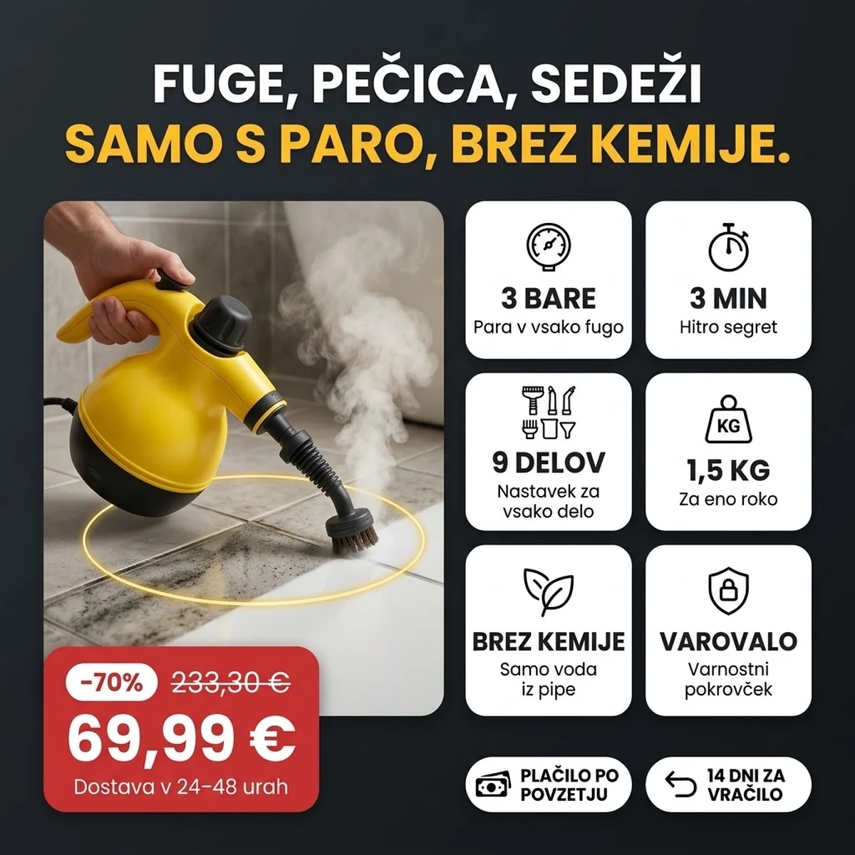 Ročni parni čistilnik PRO z nastavki, glavne lastnosti na karticah