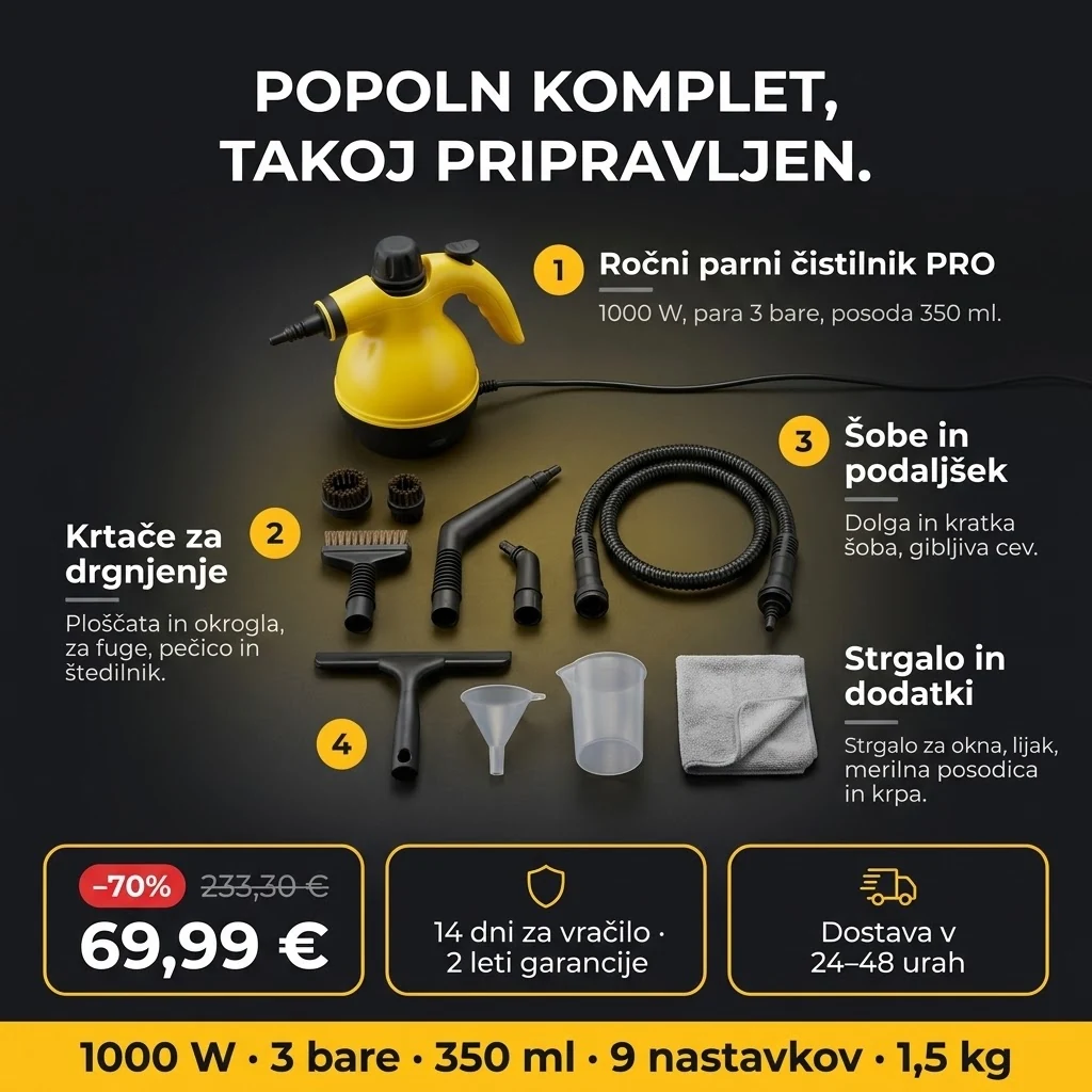 Ponudba Ročni parni čistilnik PRO: čistilnik in 9 nastavkov, plačilo po povzetju