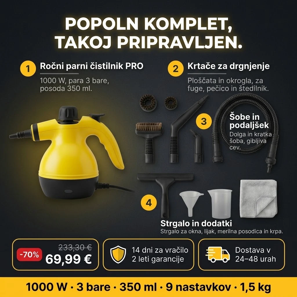 Ponudba Ročni parni čistilnik PRO: čistilnik in 9 nastavkov, plačilo po povzetju