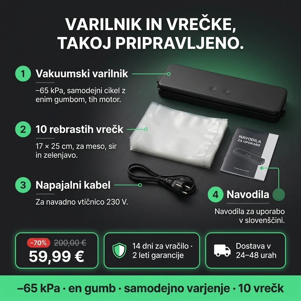 Vakuumski varilnik – ponudba: vakuumski varilnik in 10 vrečk 17 × 25 cm, 59,99 € namesto 200,00 €, plačilo ob prevzemu