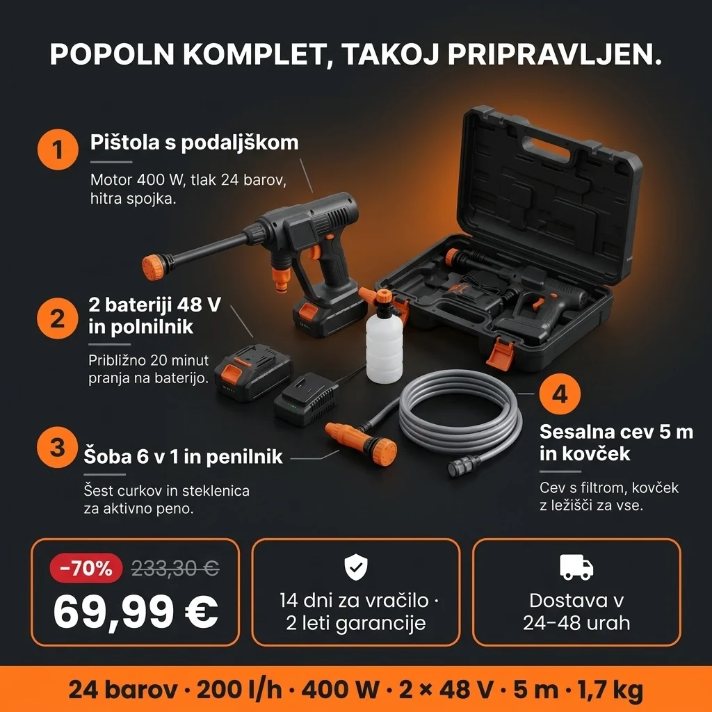 Ponudba Visokotlačni čistilnik PRO: pištola, dve bateriji, šoba, penilnik, cev in kovček, plačilo po povzetju