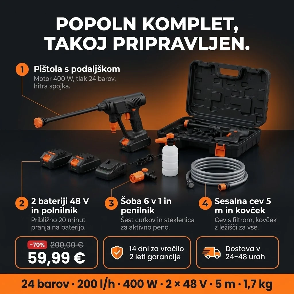 Ponudba Visokotlačni čistilnik PRO: pištola, dve bateriji, šoba, penilnik, cev in kovček, plačilo po povzetju