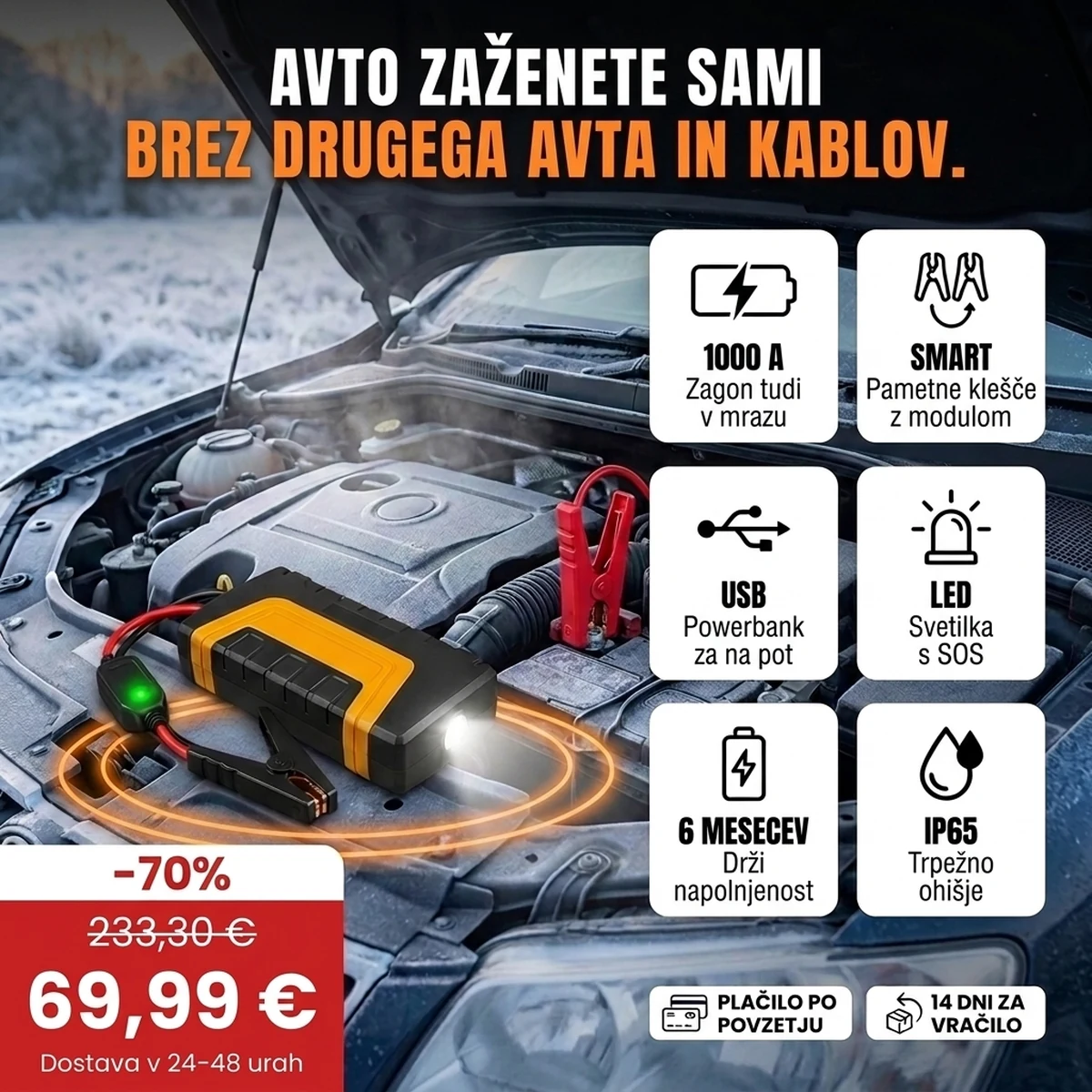 Zaganjalnik za avto PRO s kleščami, LED svetilko in kovčkom, glavne lastnosti na karticah