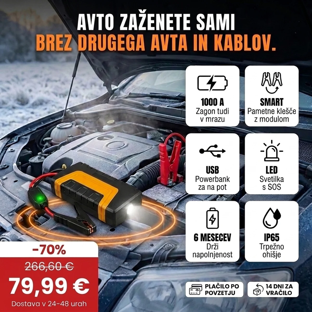 Zaganjalnik za avto PRO s kleščami, LED svetilko in kovčkom, glavne lastnosti na karticah