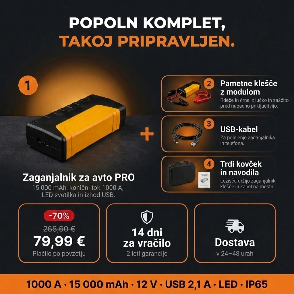 Ponudba Zaganjalnik za avto PRO: zaganjalnik, pametne klešče, kabel USB in kovček, plačilo po povzetju