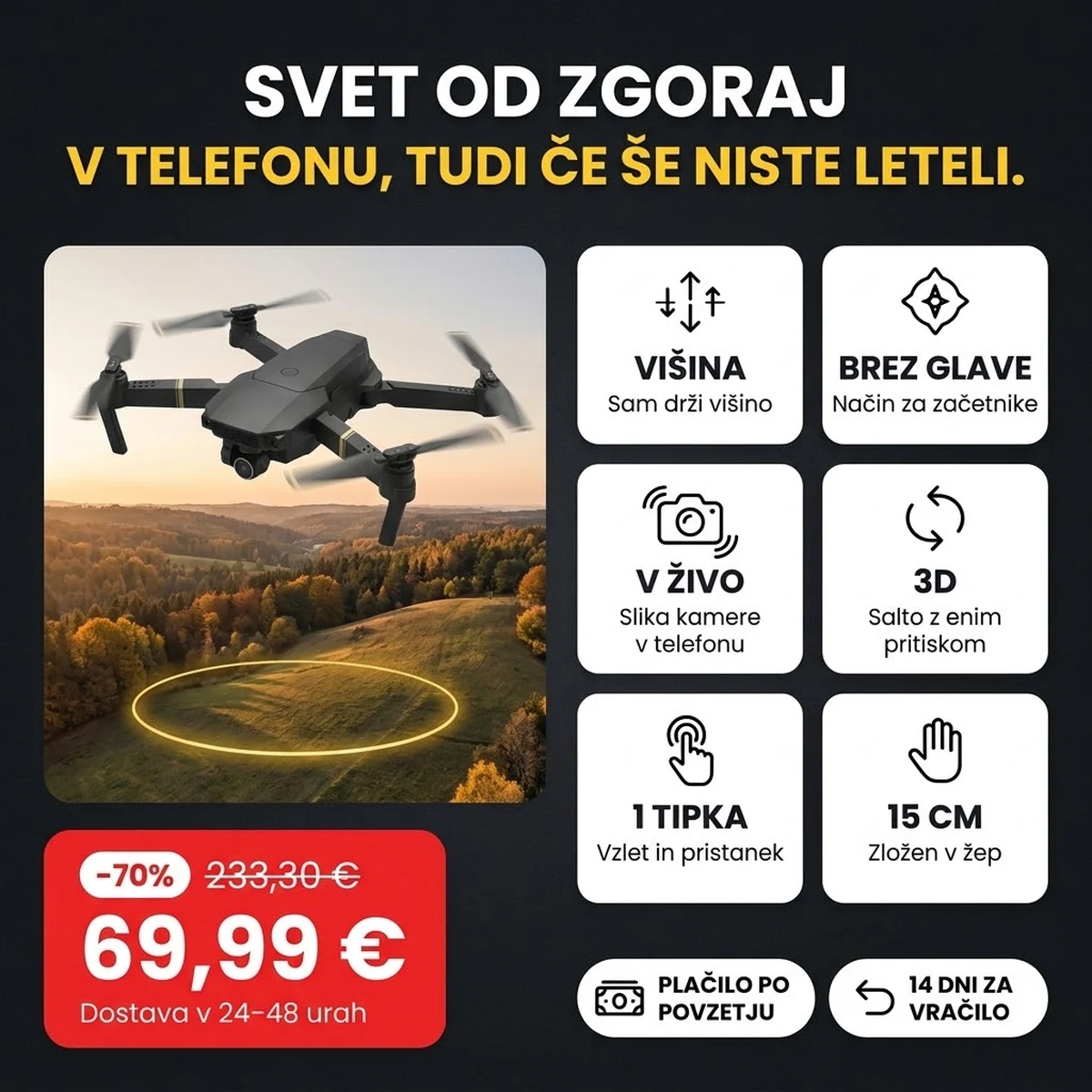 Zložljiv dron PRO s kamero in upravljalnikom, glavne lastnosti na karticah