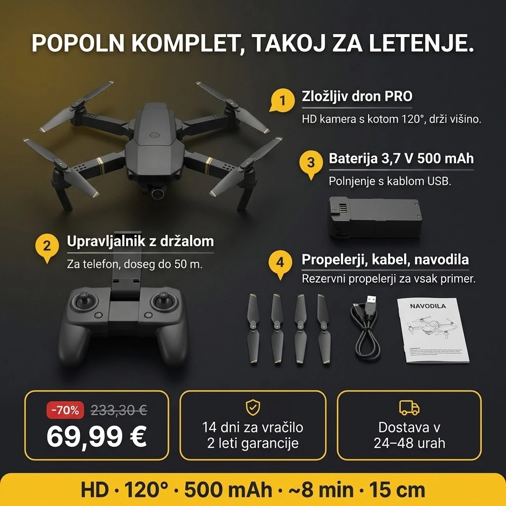 Ponudba Zložljiv dron PRO: dron, upravljalnik, baterija in dodatki, plačilo po povzetju