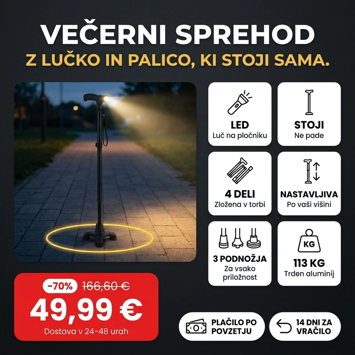 Zložljiva sprehajalna palica s svetlečo LED, na karticah glavnih lastnosti
