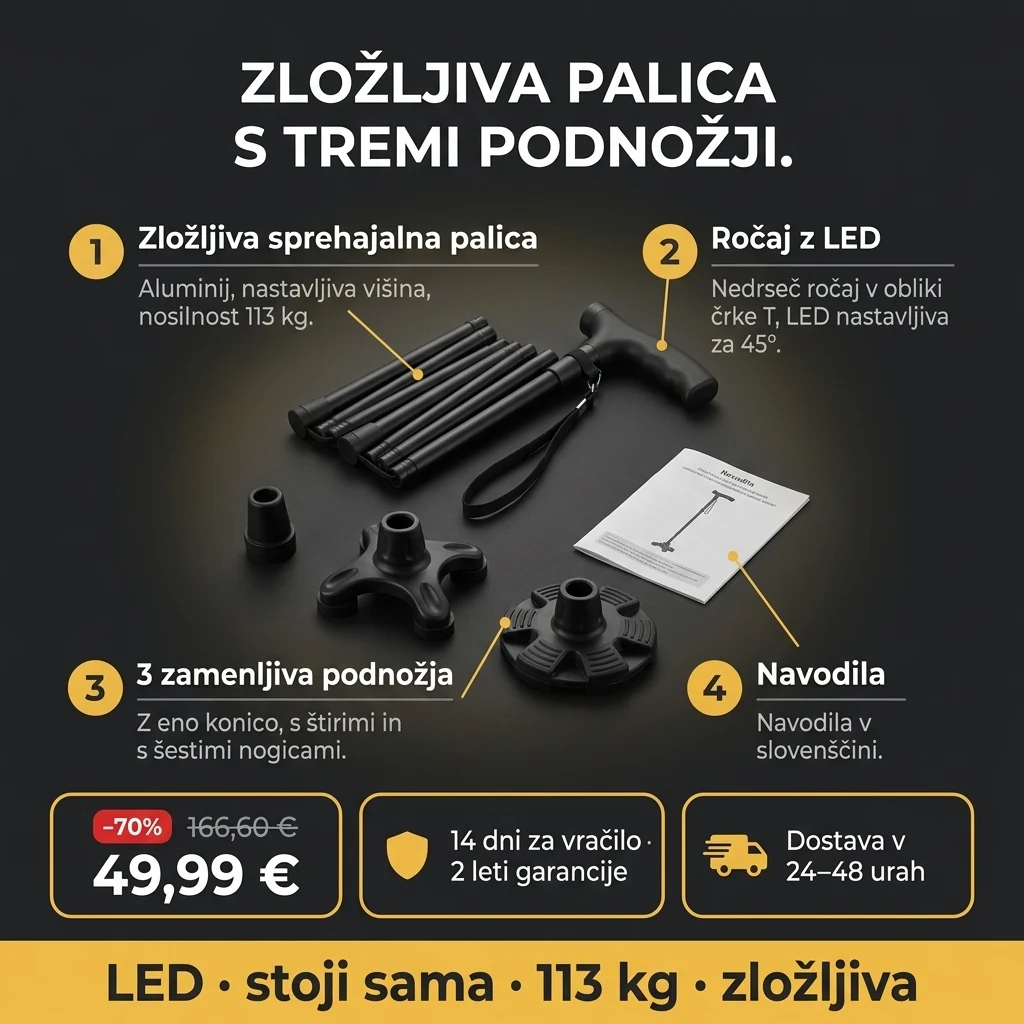 Zložljiva palica z LED – ponudba: zložljiva sprehajalna palica z LED ročajem in 3 podnožji, 49,99 € namesto 166,60 €, plačilo ob prevzemu
